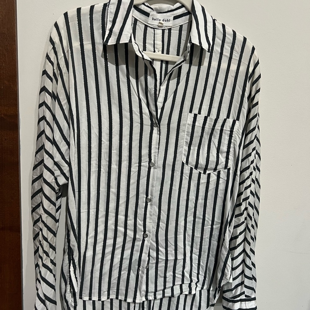 Bella Dahl Black White Stripe Button Back Blouse M Modern Minimalist